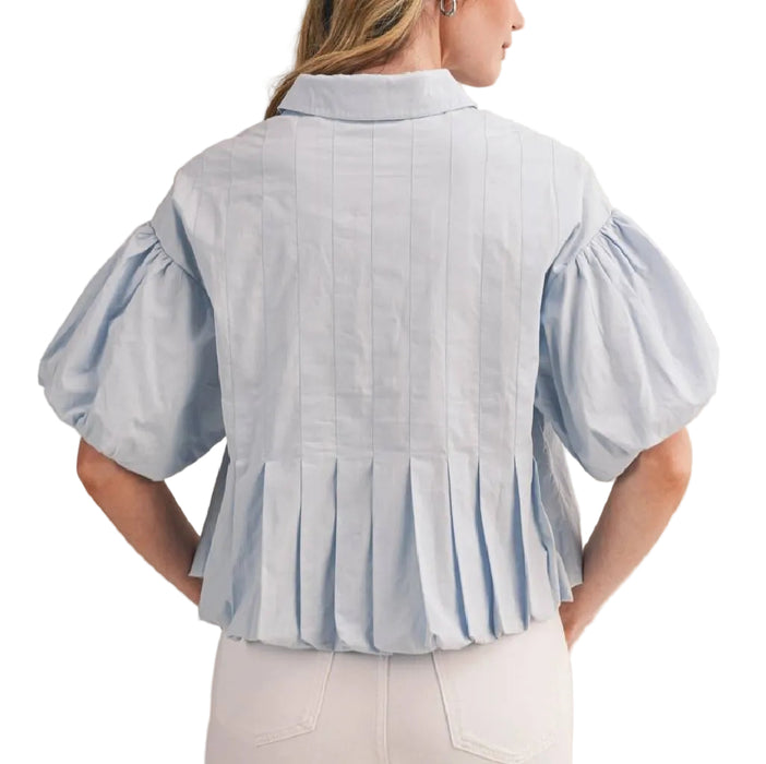 Pleated Bubble Hem Sky Blue Top WOMEN - Clothing - Tops - Short Sleeved En Merci