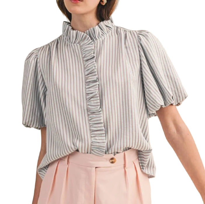 Striped Ruffled Aqua Top WOMEN - Clothing - Tops - Short Sleeved En Merci