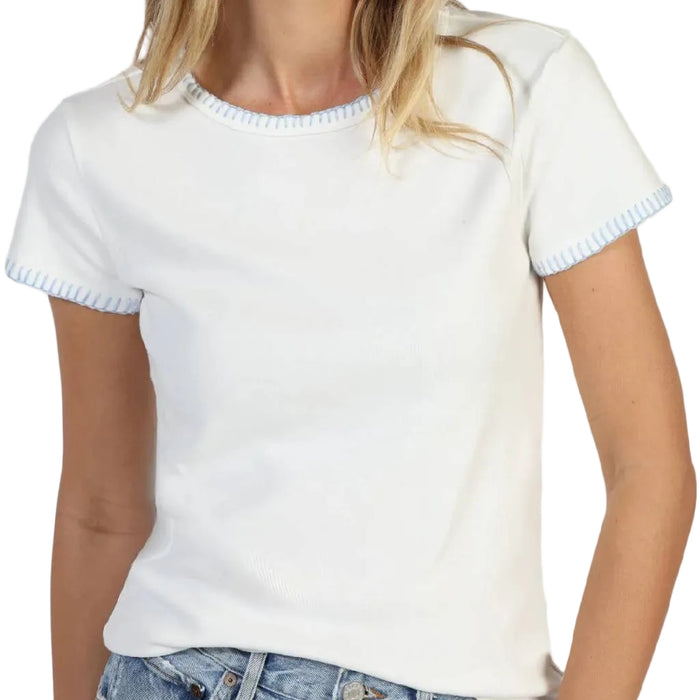 Dylan Brooks Blanket Blue Stitch White Tee WOMEN - Clothing - Tops - Short Sleeved Dylan