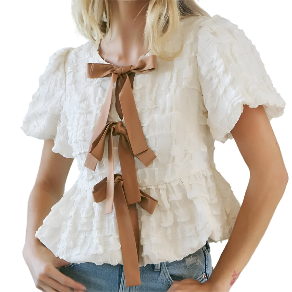 Bubble Babydoll Blouse With Bow - Vanilla - FINAL SALE WOMEN - Clothing - Tops - Short Sleeved Idem Ditto