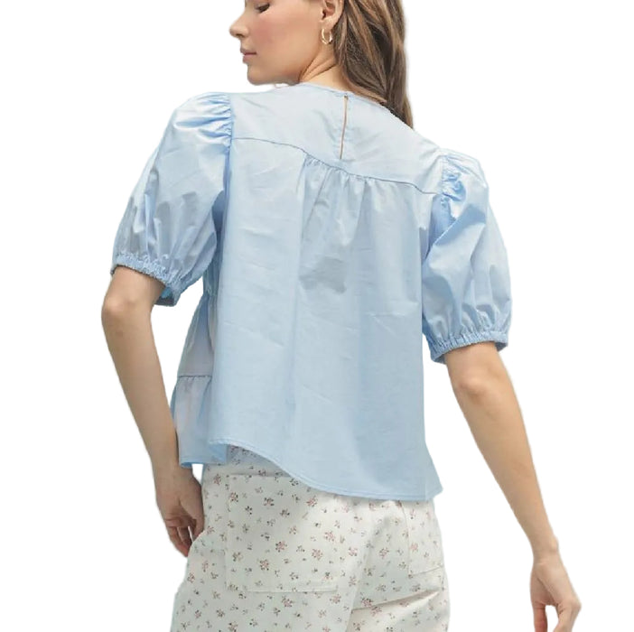 Poplin Puff Sleeve Blue Blouse