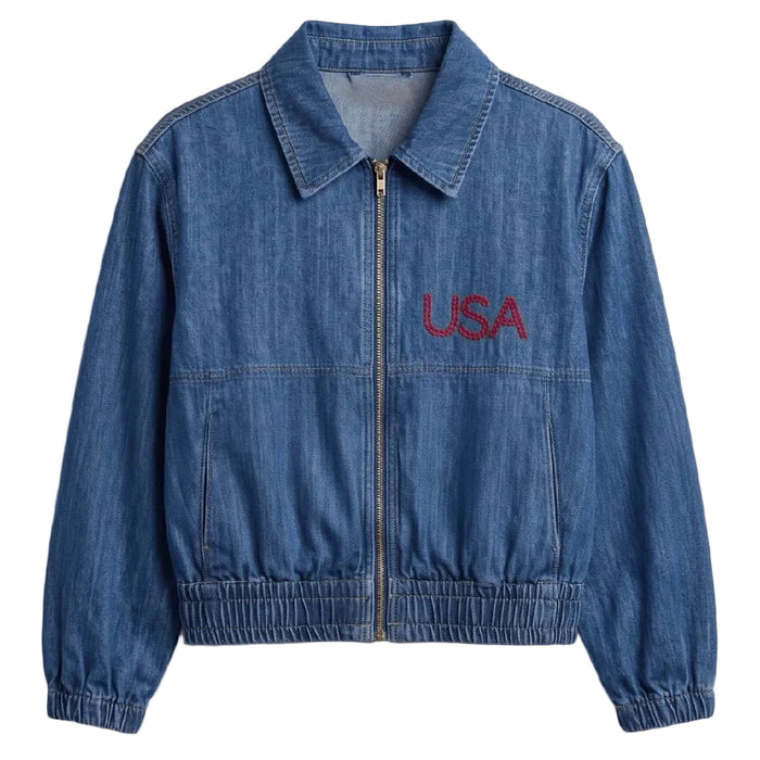 Ivy Jane Denim Flag Embroidered Indigo Bomber Jacket