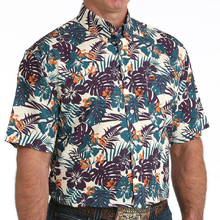 Cinch Men's Arenaflex Tropical Print Cream Button Down Shirt MEN - Clothing - Shirts - Short Sleeve Cinch
