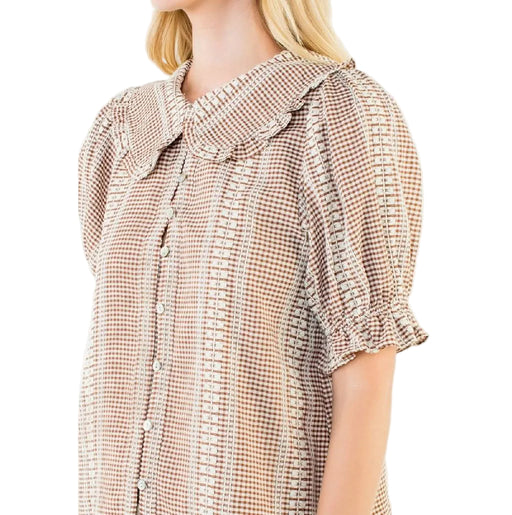 Puff Sleeve Brown Gingham Top WOMEN - Clothing - Tops - Short Sleeved THML Clothing