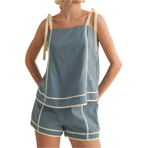 Contrast Piping Tie Shoulder Shorts Set - Dusty Blue WOMEN - Clothing - Tops - Sleeveless En Merci
