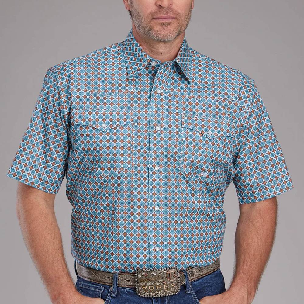 Roper Men's Turquoise Tile Foulard Shirt MEN - Clothing - Shirts - Short Sleeve Roper Apparel & Footwear