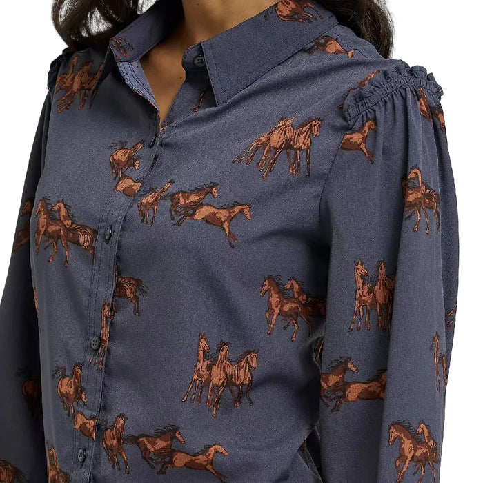 Wrangler Women's Drapey Horse Print Button Up Top