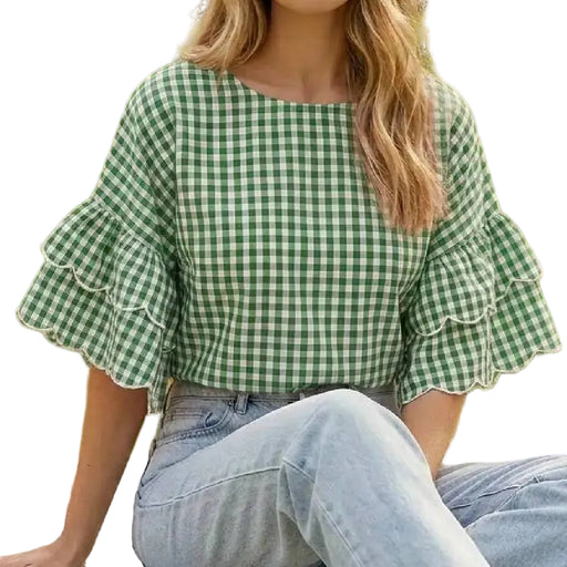 Vine & Love Women's Green Gingham Ruffle Top WOMEN - Clothing - Tops - Short Sleeved Vine & Love