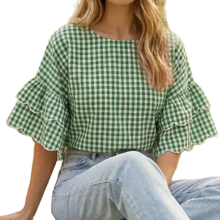 Vine & Love Women's Green Gingham Ruffle Top WOMEN - Clothing - Tops - Short Sleeved Vine & Love