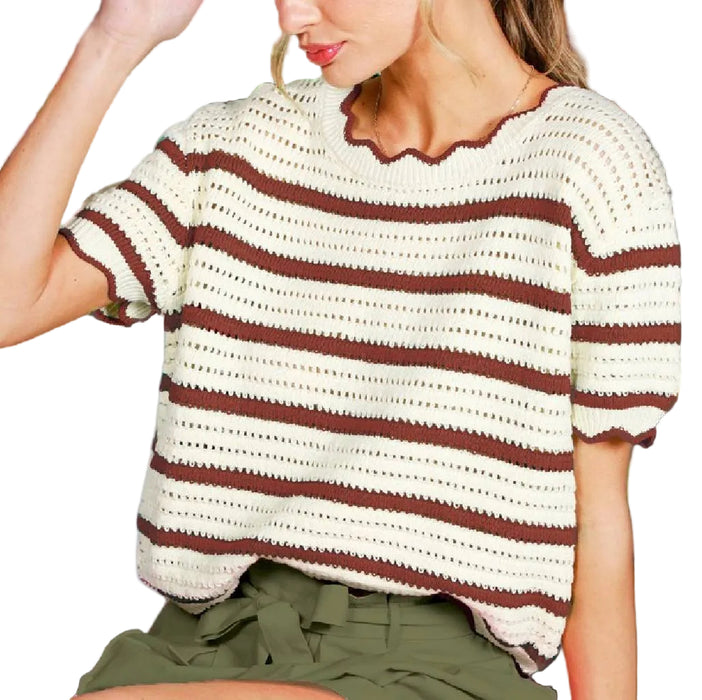 Scalloped Edge Stripe Brown Sweater