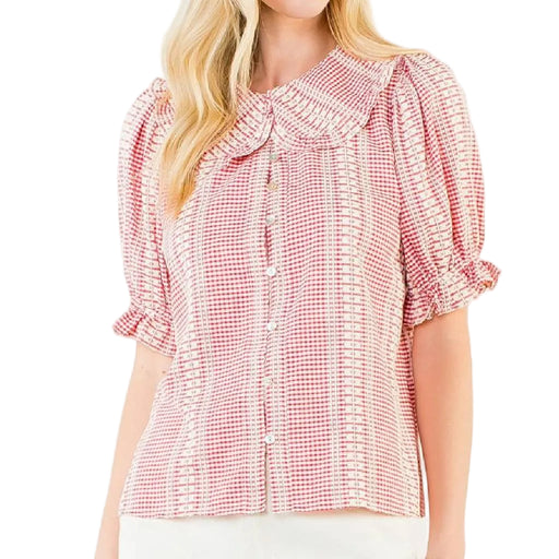 Puff Sleeve Red Gingham Top WOMEN - Clothing - Tops - Short Sleeved THML Clothing