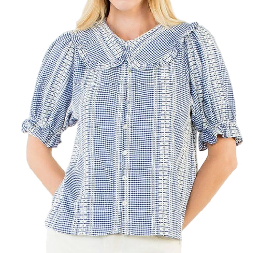 Puff Sleeve Blue Gingham Top WOMEN - Clothing - Tops - Short Sleeved THML Clothing