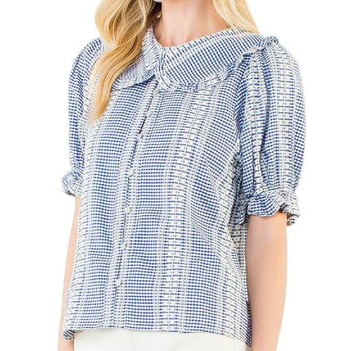Puff Sleeve Blue Gingham Top WOMEN - Clothing - Tops - Short Sleeved THML Clothing