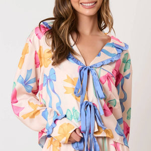 Ribbon Printed Pajama Set WOMEN - Clothing - Loungewear Peach Love California   