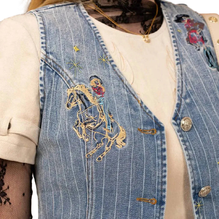 Embroidered Pin Stripe Crop Denim Vest