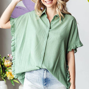 Ruffle Trim Crinkle Top WOMEN - Clothing - Tops - Short Sleeved First Love   