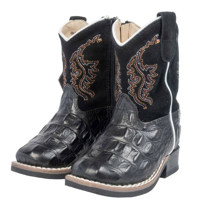 Old West Infant Black Faux Gator Square Toe Boot