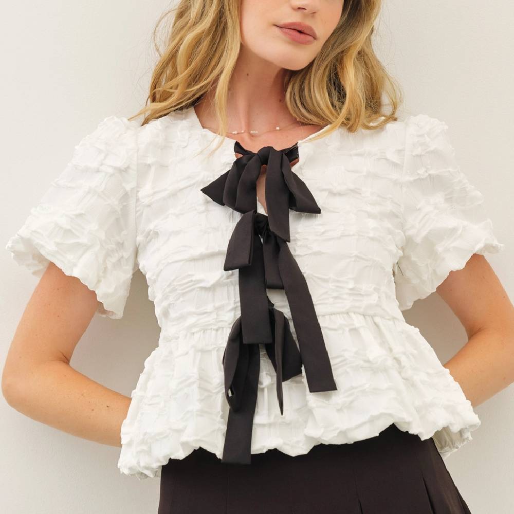 Bubble Babydoll Blouse With Bow - Off White