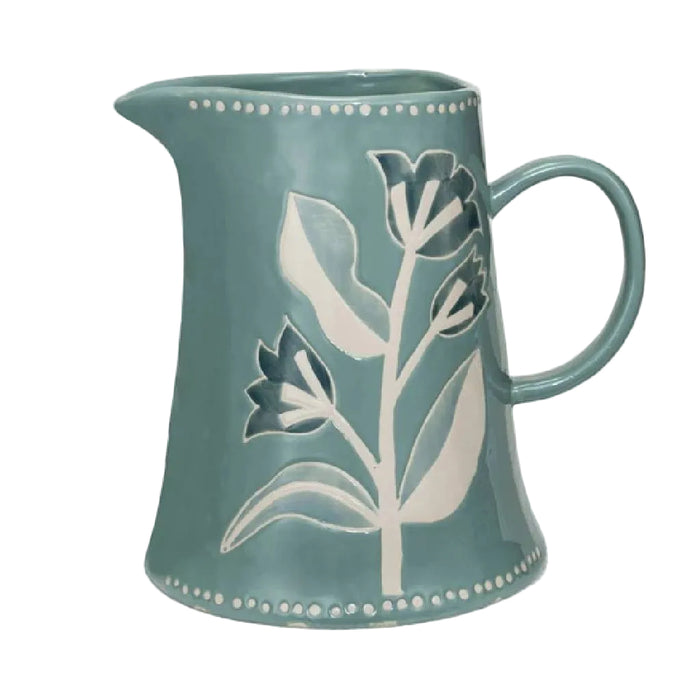 Hand Painted Stoneware Relief Floral Pitcher - 2 Quart HOME & GIFTS - Tabletop + Kitchen - Kitchen Decor Creative Co-Op