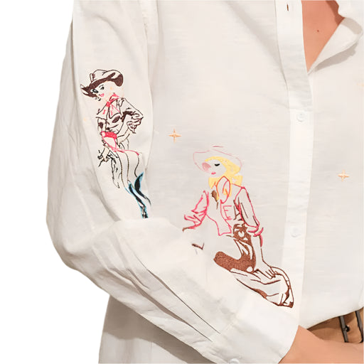 Embroidered Western Motif Linen Western Top WOMEN - Clothing - Tops - Long Sleeved Blue B