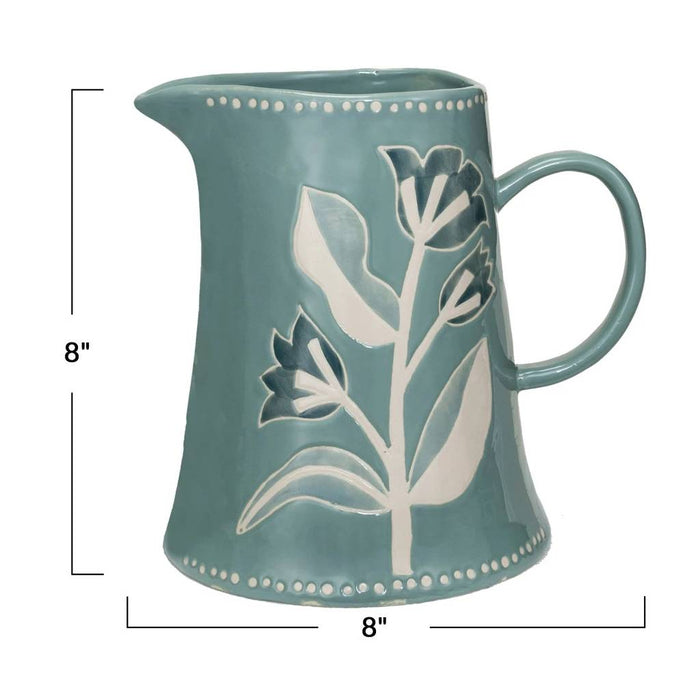 Hand Painted Stoneware Relief Floral Pitcher - 2 Quart HOME & GIFTS - Tabletop + Kitchen - Kitchen Decor Creative Co-Op