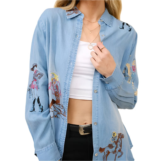 Western Motif Embroidered Tencel Shirt WOMEN - Clothing - Tops - Long Sleeved Blue B