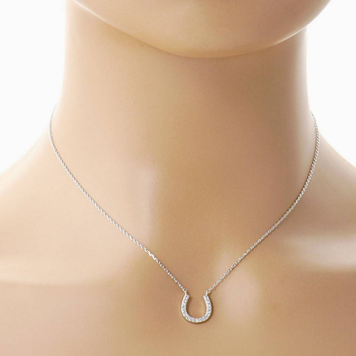 Paved Horseshoe Rhodium Pendant Necklace