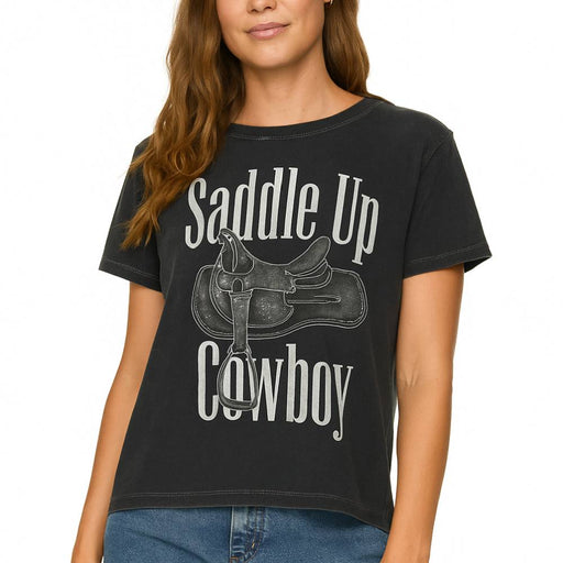 Flag & Anthem Women's Saddle Up Washed Black Tee WOMEN - Clothing - Tops - Short Sleeved Flag And Anthem