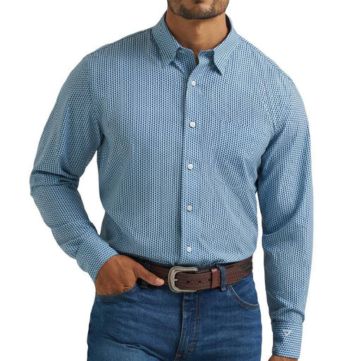 Wrangler Men's Cojo Performance Cyan Squares Button Down Shirt MEN - Clothing - Shirts - Long Sleeve Wrangler