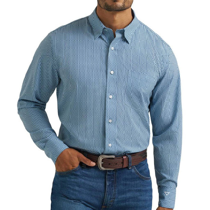 Wrangler Men's Cojo Performance Cyan Squares Button Down Shirt MEN - Clothing - Shirts - Long Sleeve Wrangler