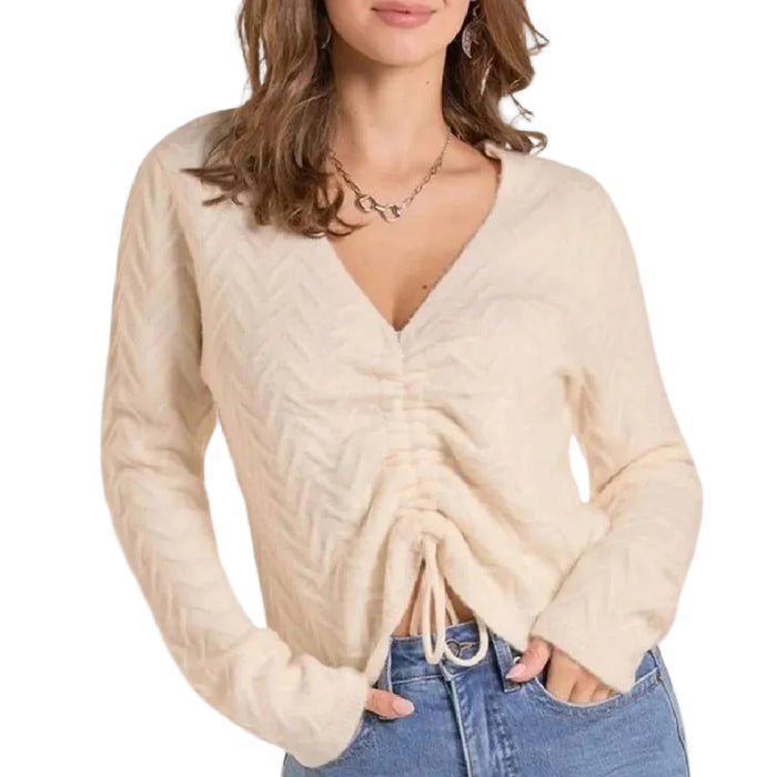 Rock & Roll Denim Women's V-Neck Ruched Tie Sweater Top
