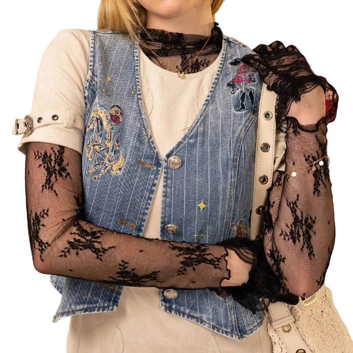 Embroidered Pin Stripe Crop Denim Vest