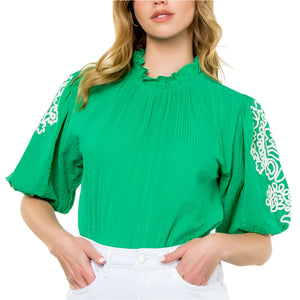 Embroidered Puff Sleeve Top WOMEN - Clothing - Tops - Short Sleeved THML Clothing