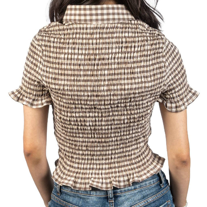 Smocked Gingham Mocha Top WOMEN - Clothing - Tops - Short Sleeved Urban Daizy