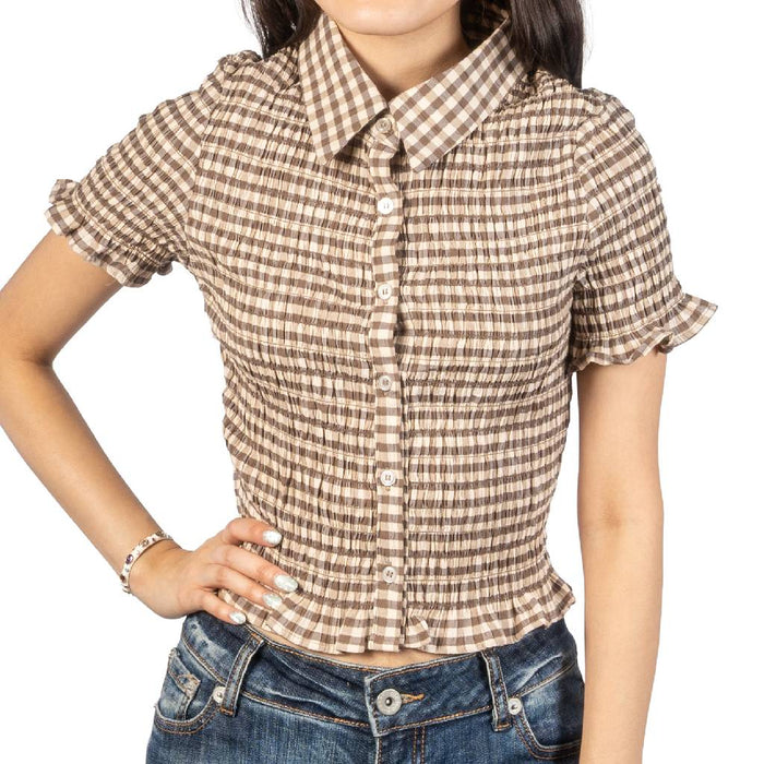 Smocked Gingham Mocha Top WOMEN - Clothing - Tops - Short Sleeved Urban Daizy