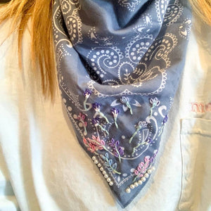 Embroidered Flowers & Pearls Bandana Wild Rag ACCESSORIES - Additional Accessories - Wild Rags & Scarves Little Lamb Designs   
