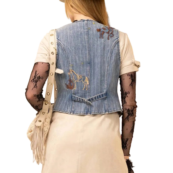 Embroidered Pin Stripe Crop Denim Vest