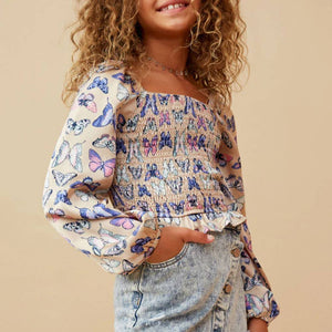 Hayden Girl's Satin Butterfly Print Blouse KIDS - Girls - Clothing - Tops - Long Sleeve Tops Hayden Los Angeles   