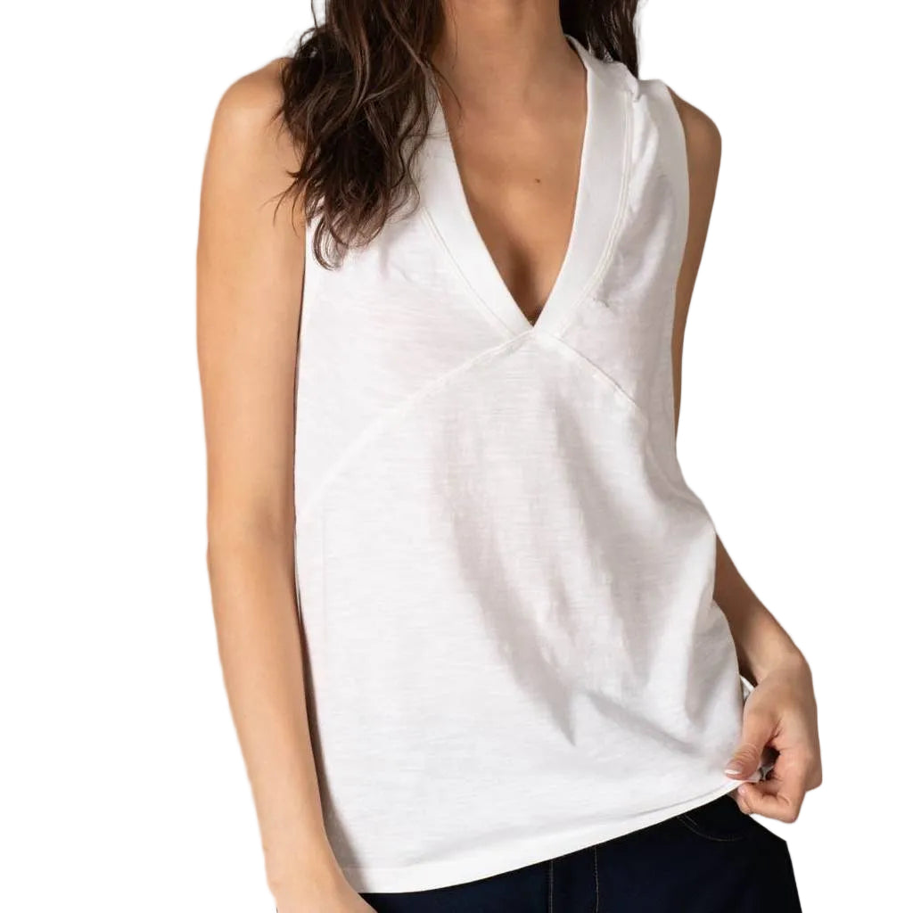 V-Neck Cotton Modal Slub White Tank WOMEN - Clothing - Tops - Sleeveless La La Mia