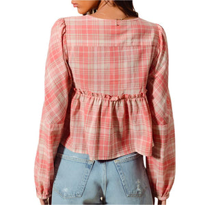 Plaid Front Tie Blouse - FINAL SALE WOMEN - Clothing - Tops - Long Sleeved So Me