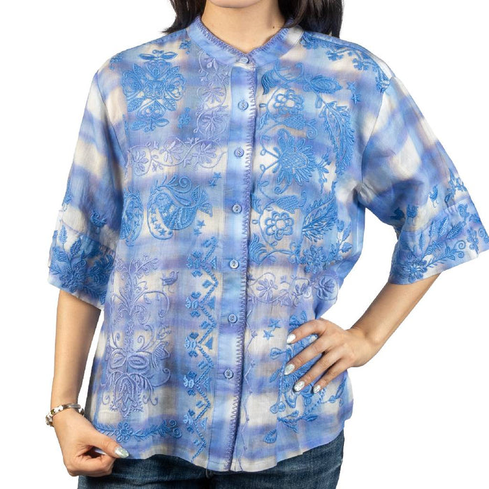 Johnny Was Relaxed Mandarin Collar Tie Dye Plaid Blouse