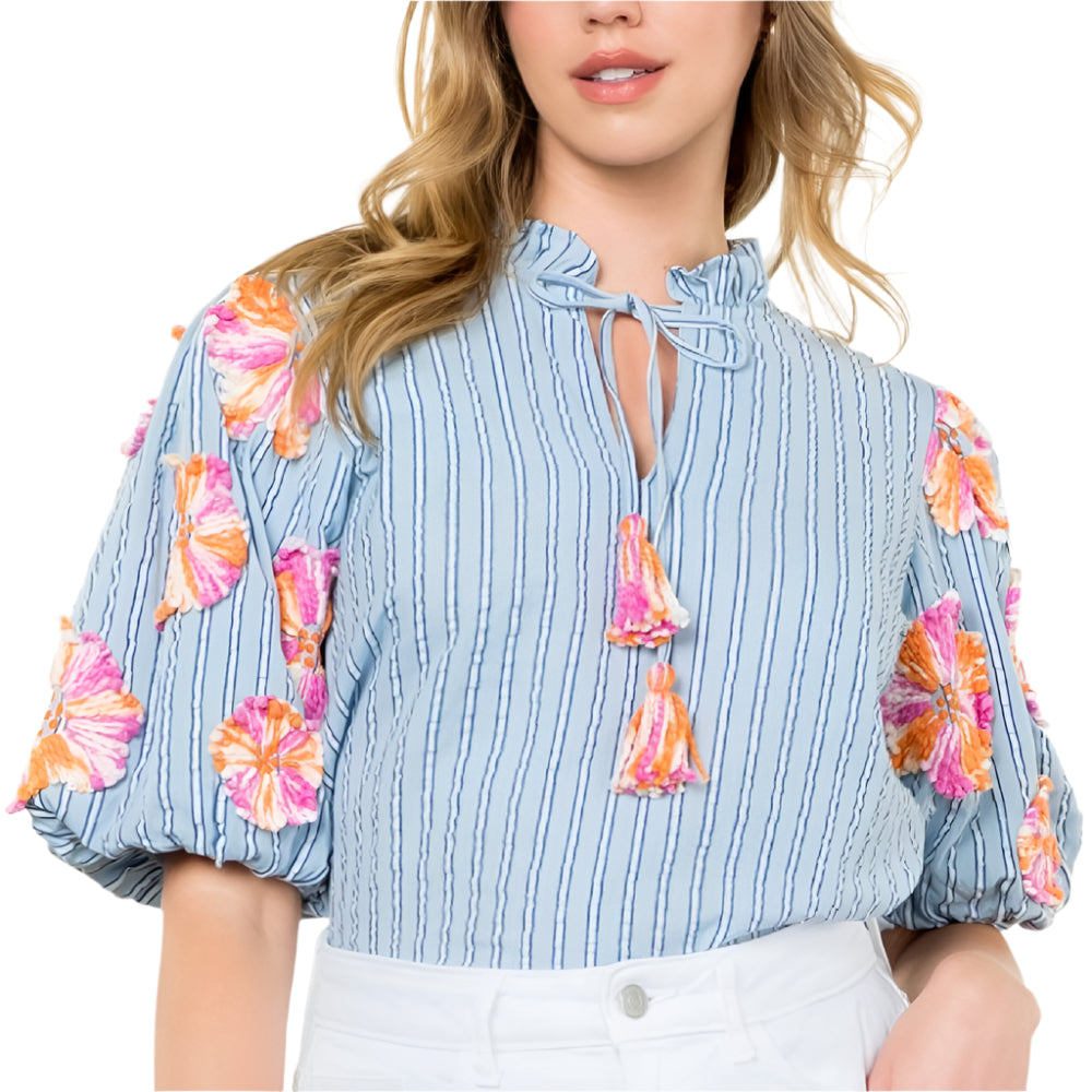 Hand Embroidered Puff Sleeve Top