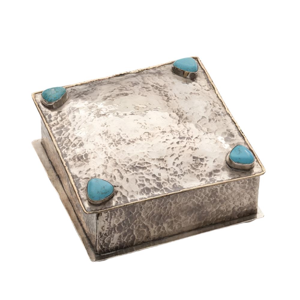 J. Alexander Square Box W/ 4 Turquoise Stones HOME & GIFTS - Home Decor - Decorative Accents J. Alexander Rustic Silver   