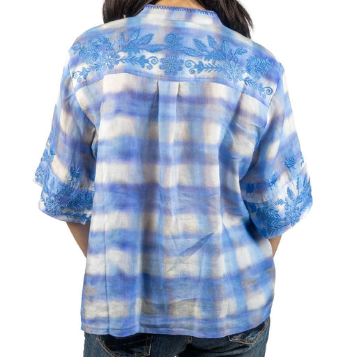 Johnny Was Relaxed Mandarin Collar Tie Dye Plaid Blouse WOMEN - Clothing - Tops - Short Sleeved Johnny Was Collection