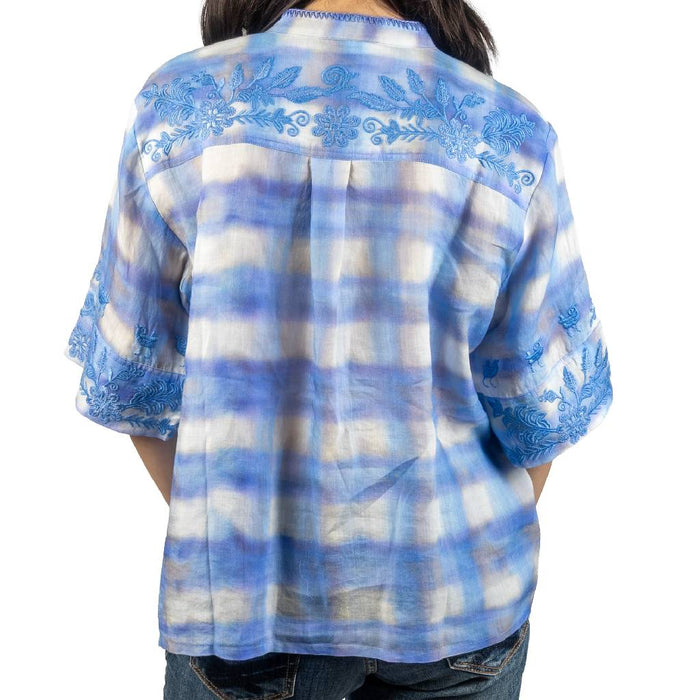 Johnny Was Relaxed Mandarin Collar Tie Dye Plaid Blouse
