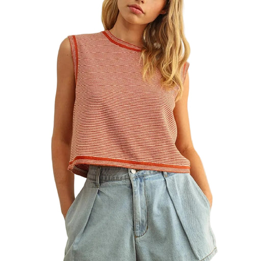 Pinstriped Knit Rust Top WOMEN - Clothing - Tops - Sleeveless Miou Muse