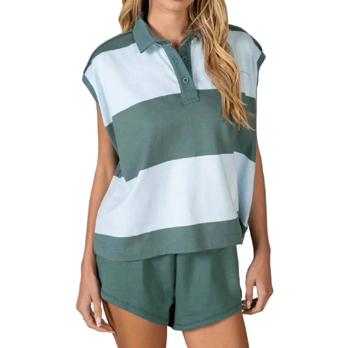 Set of Sage Collared Stripe Jersey Top/Shorts