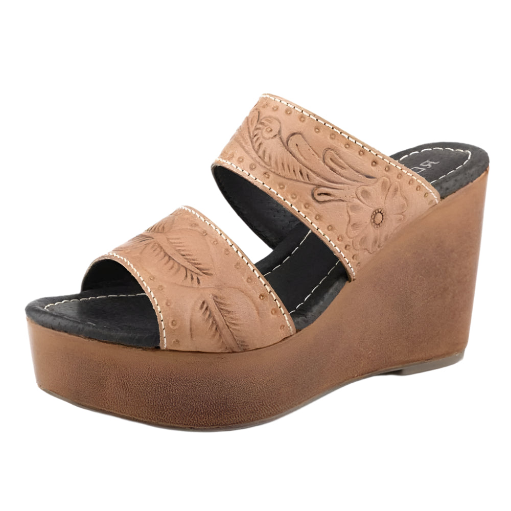 Roper Women's Tan Tooled Two Band Wedge Sandal WOMEN - Footwear - Sandals Roper Apparel & Footwear