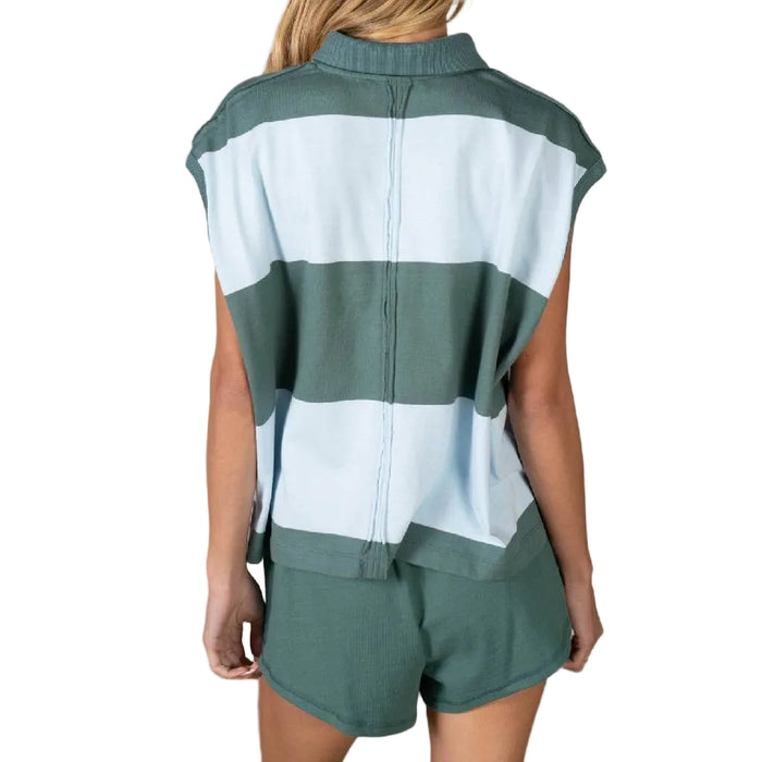 Set of Sage Collared Stripe Jersey Top/Shorts
