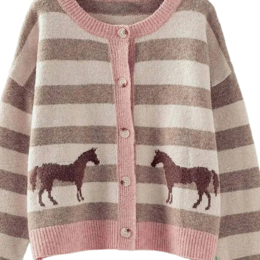 Horse Striped Pink Crew Neck Cardigan WOMEN - Clothing - Sweaters & Cardigans Urban Daizy